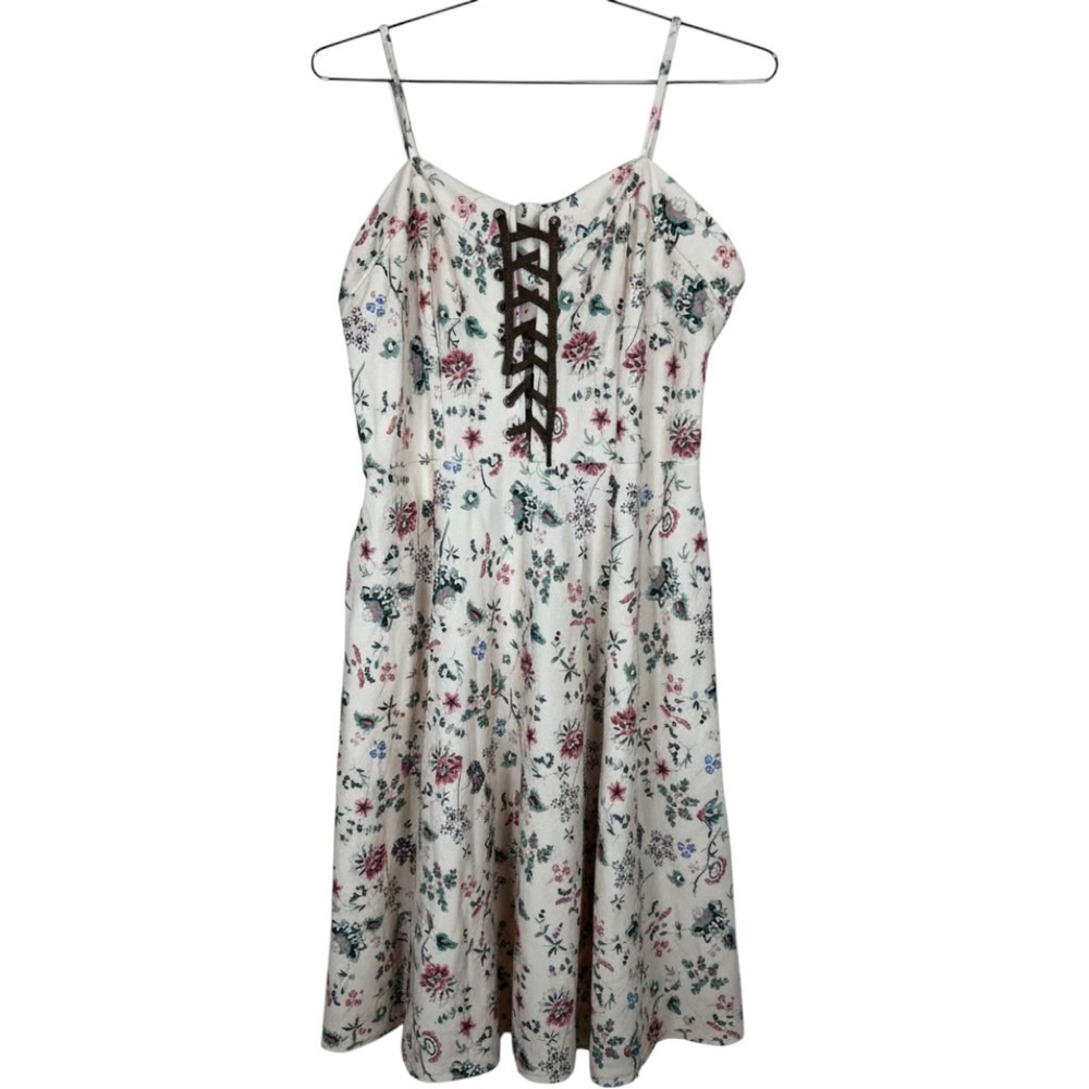 Scarlet Darkness Floral Lace Up Midi Dress Cream Pink 2XL Pockets Cottagecore